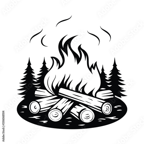 Bonfire Woodpile with Fiery Flames and Evergreen Trees Silhouette on White