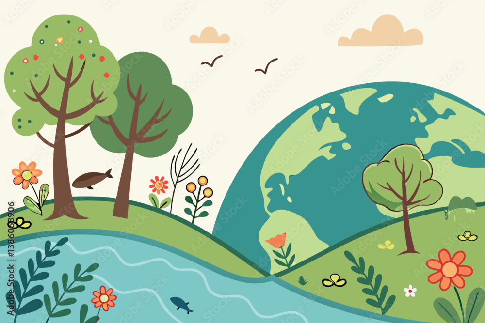 Obraz premium Earth Day Vector Illustration Featuring Planet Earth and Trees – Eco-Friendly Nature Concept for Environmental Awareness and Green Campaigns