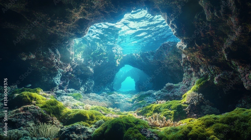 Fototapeta premium Mysterious Underwater Cave With Sunlight Streaming Through Crystal Clear Water Illuminating Rocks