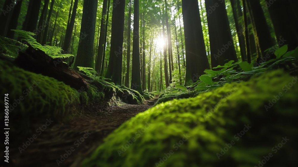 Fototapeta premium Beautiful landscape of a forest with tall trees and lush greenery. the sunlight is shining through the trees, creating a warm glow that illuminates the scene.