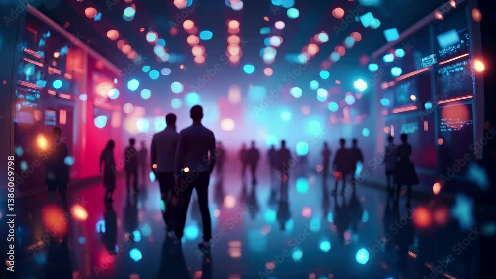 Silhouetted people walking through futuristic urban environment with bokeh lights and digital projection elements. Blurred human figures amid neon blue and pink illumination with abstract data