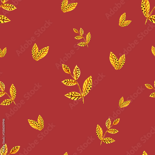 Set of watercolour yellow leaves pattern. Golden autumn leaves in bright background