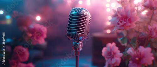 A microphone is placed in front of a vase of pink flowers. The microphone is surrounded by a purple background