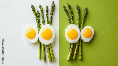 Food art arrangement of pan-fried eggs as blooming flowers, deep yellow yolks, crispy white edges