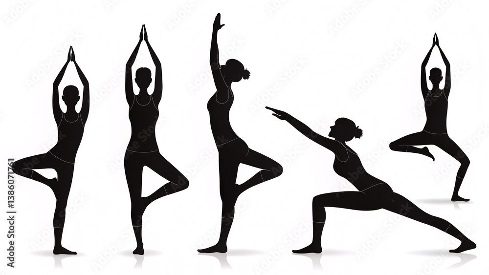 Fototapeta premium Minimalist Yoga Pose Silhouette Set – 6 Black Figures