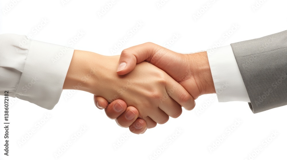 A top-down shot of a professional handshake between two colleagues in a business meeting, with a contract on the table, on a white background A top-down shot of a professional handshake between two colleagues in a business meeting, with a contract on the table, on a white background
