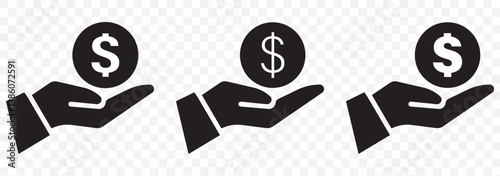 save money icon, salary money, invest finance, hand holding dollar, line symbols on Transparent background - editable stroke vector illustration eps10, save money icon, salary icon, finance icon.
