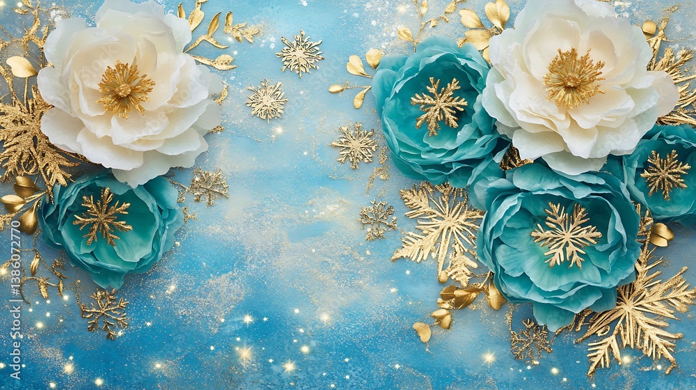 Beautiful floral arrangement with golden snowflakes and sparkling details against blue