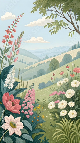 Scenic Spring Countryside with Blooming Wildflowers and Rolling Hills in Pastel Nature Illustration