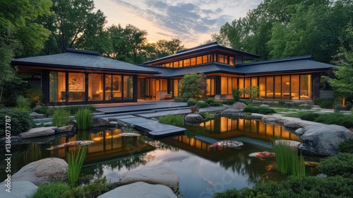 Serene Modern Japanese-Style Home with Koi Pond