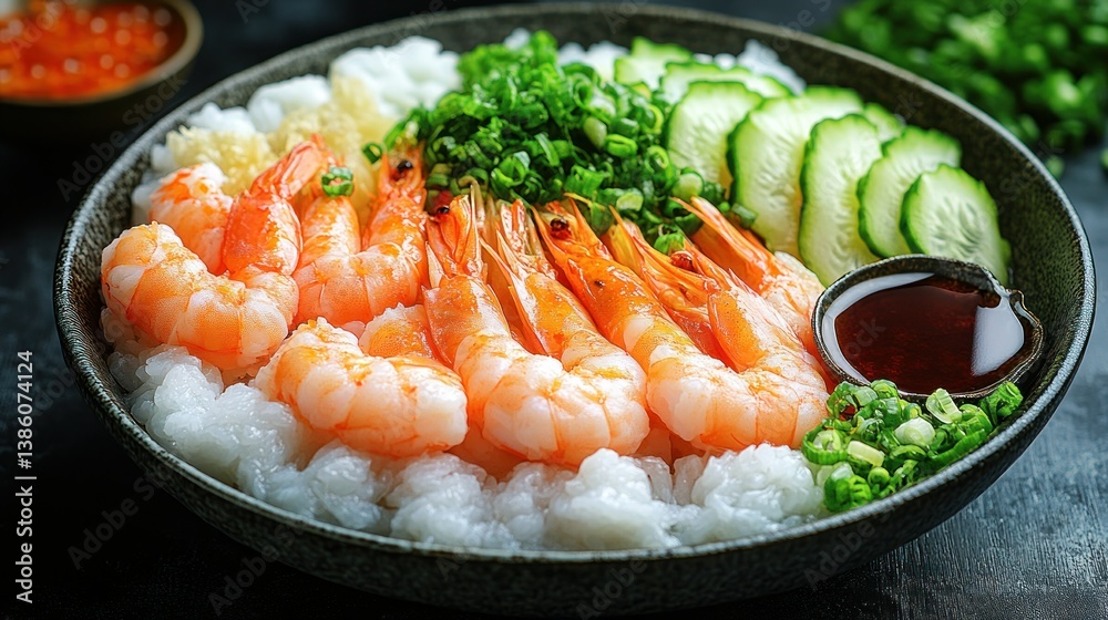 Shrimp and cucumber bowl. A healthy and flavorful dish featuring grilled shrimp, fresh cucumber, and rice. Garnished with green onions and a side of soy sauce Shrimp and cucumber bowl. A healthy and flavorful dish featuring grilled shrimp, fresh cucumber, and rice. Garnished with green onions and a side of soy sauce