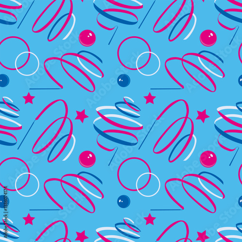 Vector seamless purple pattern of rhythmic gymnastics items. Ball, ribbon and hoop 