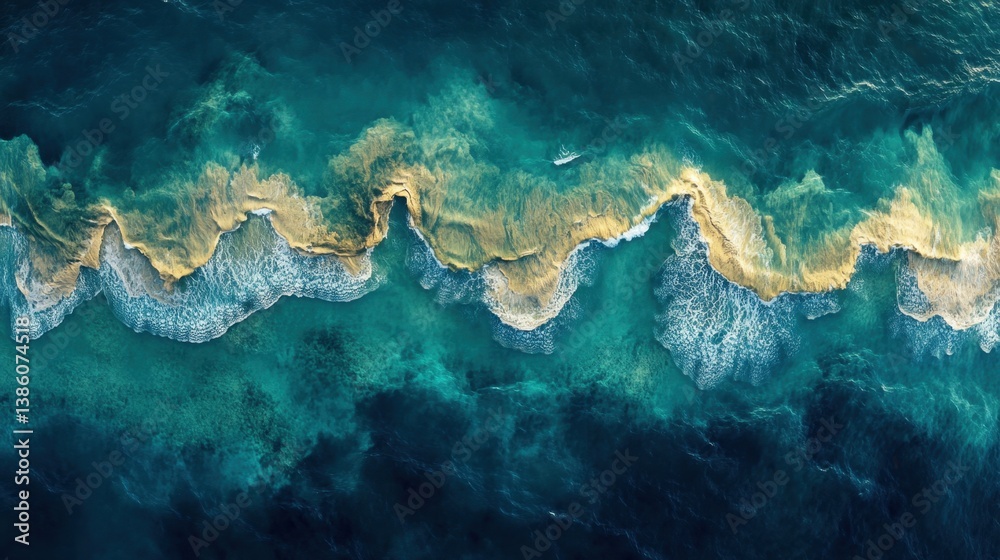 Aerial View of Ocean Waves Crashing on Shoreline with Turquoise Water and Golden Sand Creating a Stunning Abstract Pattern Aerial View of Ocean Waves Crashing on Shoreline with Turquoise Water and Golden Sand Creating a Stunning Abstract Pattern