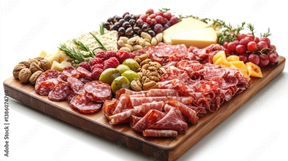 A bird is eye view of a beautifully arranged charcuterie board with cheese, meats, fruits, and nuts, placed on a wooden board, on a white background A bird is eye view of a beautifully arranged charcuterie board with cheese, meats, fruits, and nuts, placed on a wooden board, on a white background