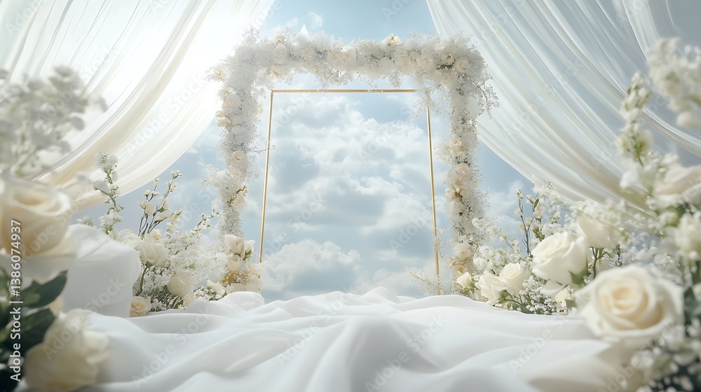 Elegant floral arch with sky background and white draping fabric