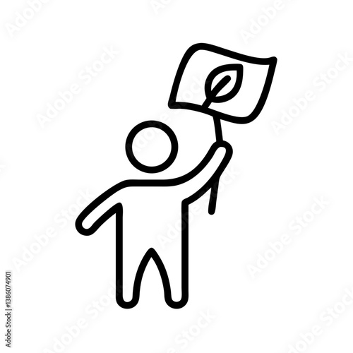 Eco activist raising a flag with a leaf symbol  