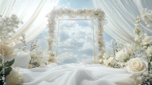 Obraz na płótnie Elegant floral arch with sky background and white draping fabric w salonie