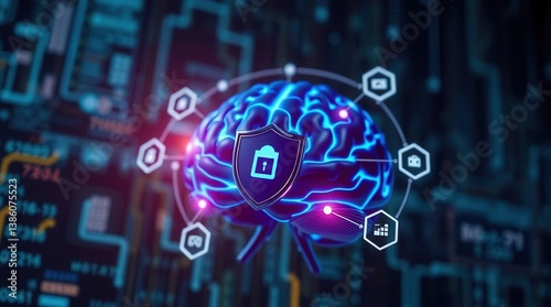 Digital brain with shield, indicating data protection, intellectual property safety, AI security concept