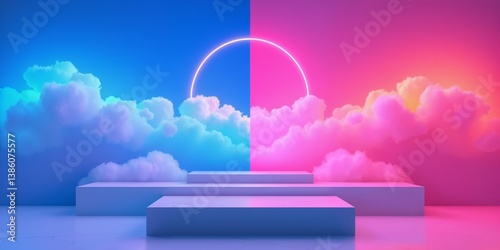 podium on surreal split background with blue and pink clouds and glowing neon circle on background. Colorful platform stand for product placement and display