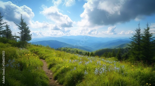 Scenic mountain trail through vibrant meadows under a expansive sky