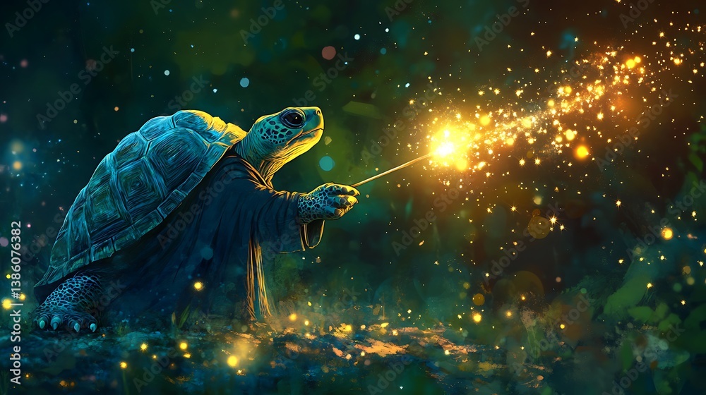 An old turtle performs magic with a glowing wand in a forest