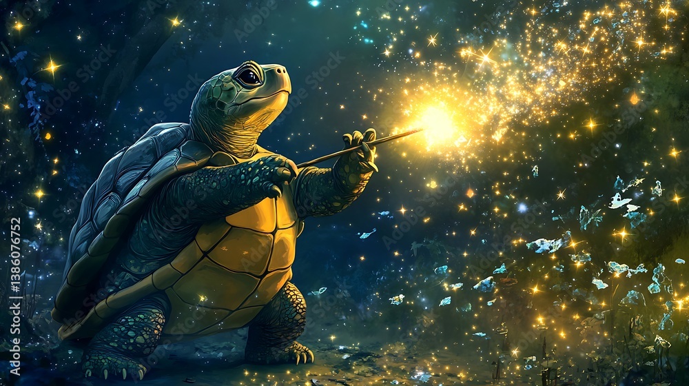 The majestic turtle wizard casting spells with a magical wand The majestic turtle wizard casting spells with a magical wand
