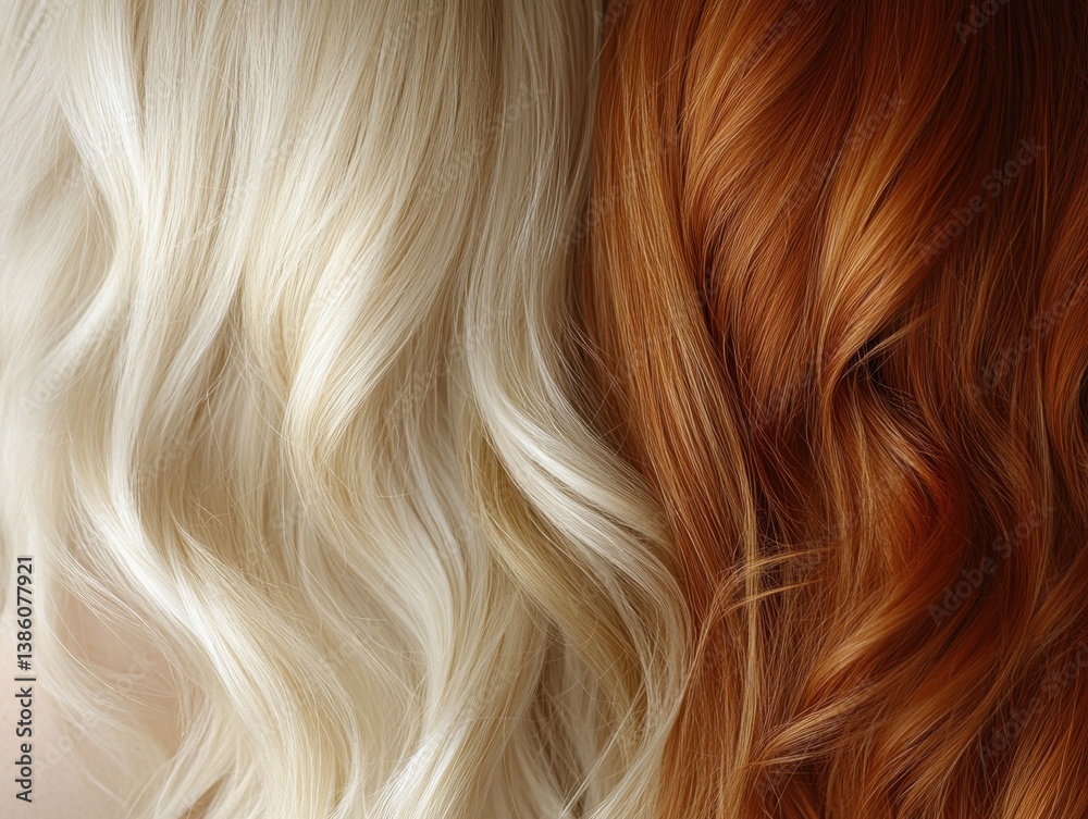 Naklejka premium Contrasting Hair Colors Blonde and Auburn Wavy Texture Close Up Shot of Two Different Hair Styles Beauty Concept