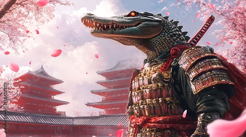 A samurai crocodile stands in front of japanese pagodas and blossoms
