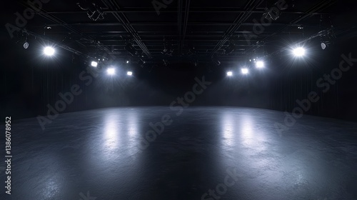 Dark studio space with bright lights and reflective floor.