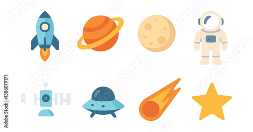 Colorful space icons set: rocket, planet, astronaut, and more in flat design