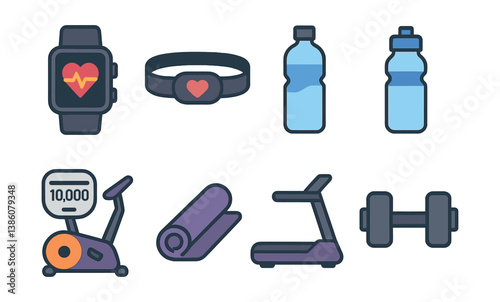 Fitness and exercise icon set: wearables, equipment, and hydration in flat design