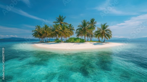 Secluded Tropical Island Paradise: A Pristine Beach with Lush Palm Trees and Crystal-Clear Turquoise Waters