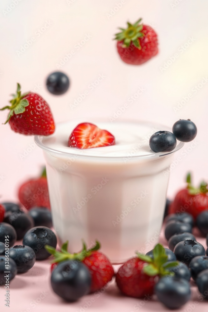 Yogurt delight with scattered blueberries and strawberries creating a visually appealing, balanced composition. Yogurt delight with scattered blueberries and strawberries creating a visually appealing, balanced composition.