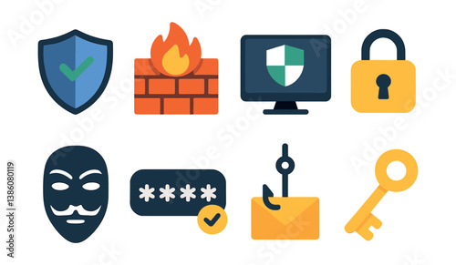 Cybersecurity icon set: essentials for digital protection in flat style