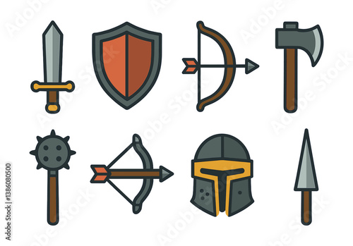 Medieval weapons and armor icons set: 3d collection of swords, shields, helmets, and more