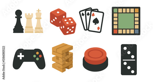 Board and card games icon set: chess, dice, cards, and more in flat style