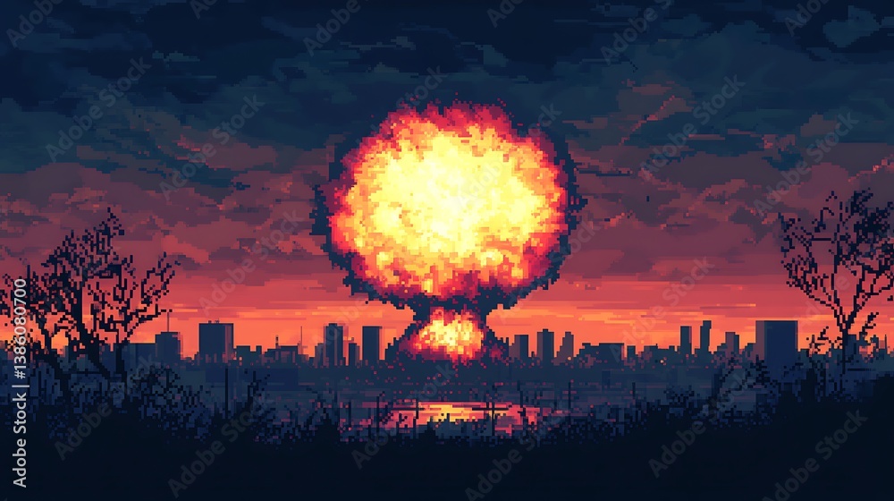 A pixelated atomic explosion over a silhouette of a city