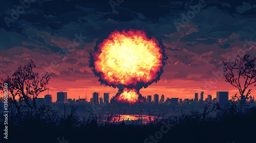 Obraz na płótnie A pixelated atomic explosion over a silhouette of a city w salonie