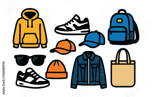 Urban style icons set: apparel and accessories in flat design