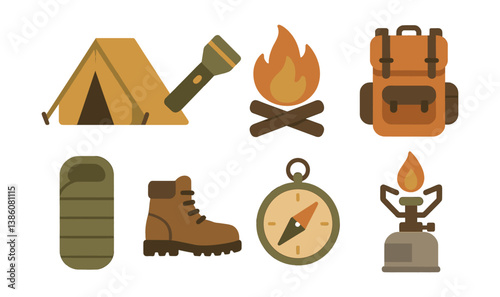 Essential camping icons set for outdoor adventures in flat style