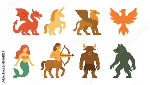 Mythical creature icons set: 3d style featuring dragon, unicorn, phoenix, centaur, more