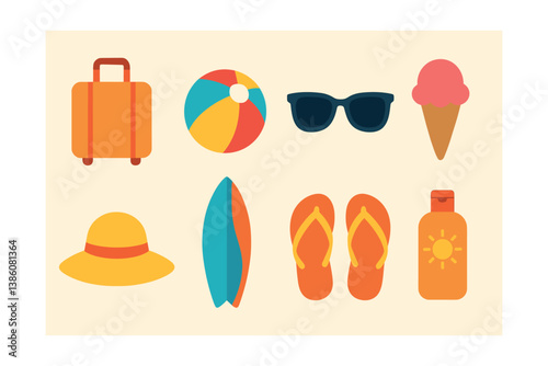 Summer vacation icon set: beach essentials in vibrant flat design for travel projects