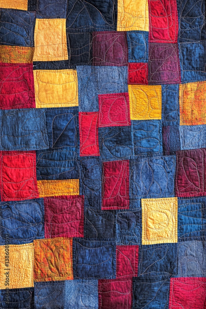 Vibrant quilt displaying different stitching techniques and fabric patterns Vibrant quilt displaying different stitching techniques and fabric patterns