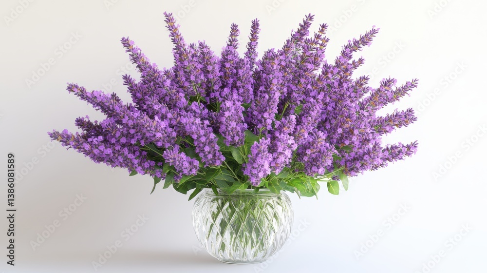 Fototapeta premium A high-angle view of a bunch of lavender stems with purple flowers, arranged in a glass vase, on a white background