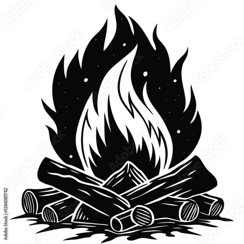 Bonfire With Wood Logs in Black and White, Simple Firewood Style, 