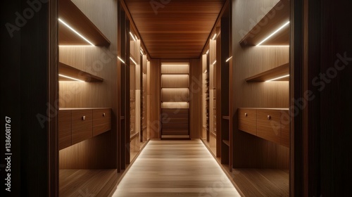 Luxurious walk-in closet with warm wood, recessed lighting, and ample storage.