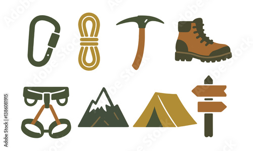 Outdoor adventure icons set: camping, hiking, equipment in flat design
