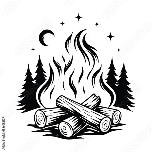 Monochrome Campfire, Flames, Logs, Trees, Crescent Moon, Stars Isolated On White