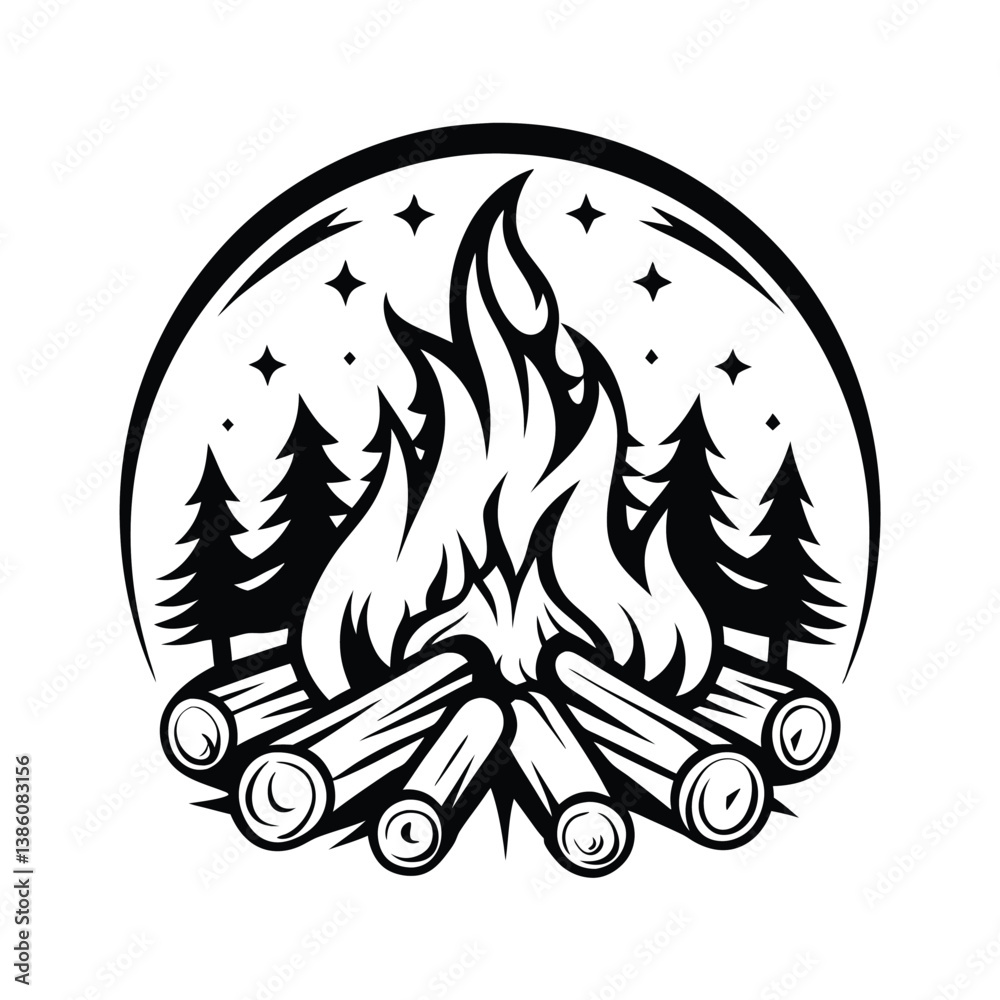 Obraz premium Isolated Bonfire with Flame, Logs, Pine Trees, Stars and Circle Border in Black and White