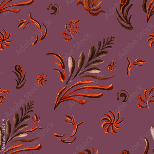 Watercolour autumn leaves ornament pattern. Luxury ornametal painting. Gentle brown seamless illustration